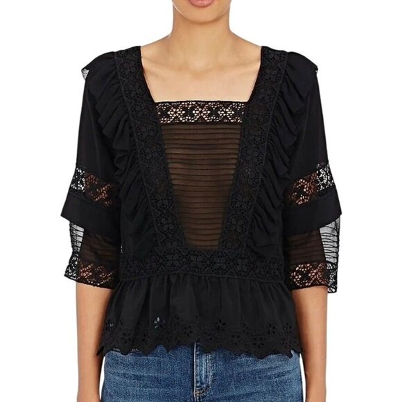 Ulla Johnson Charlotte Lace Sheer Mesh Black Silk Ruffle Eyelet Blouse 6 - Picture 1 of 11